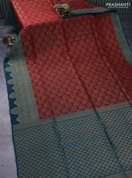 Kanchipuram soft silk saree maroon and peacock green with allover zari woven brocade weaves and zari woven border