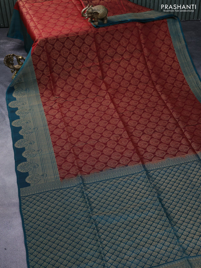 Kanchipuram soft silk saree maroon and peacock green with allover zari woven brocade weaves and zari woven border