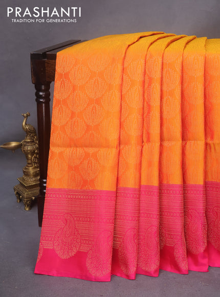 Kanchipuram soft silk saree orange and pink with allover zari woven brocade weaves and zari woven border