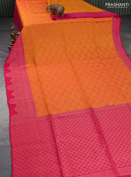 Kanchipuram soft silk saree orange and pink with allover zari woven brocade weaves and zari woven border