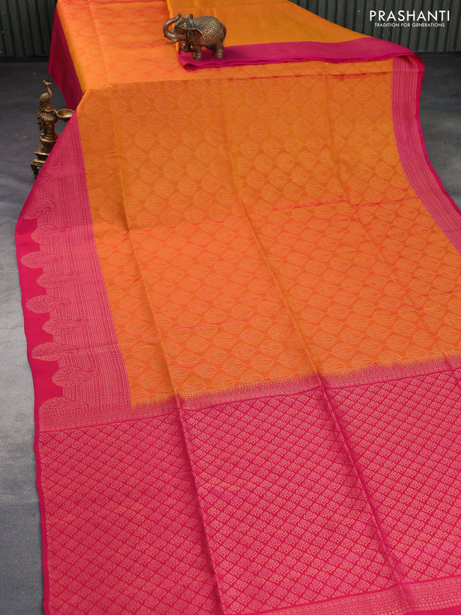 Kanchipuram soft silk saree orange and pink with allover zari woven brocade weaves and zari woven border