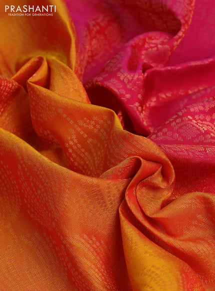 Kanchipuram soft silk saree orange and pink with allover zari woven brocade weaves and zari woven border