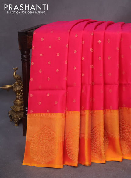 Kanchipuram soft silk saree dual shade of pink and mango yellow with allover zari woven floral buttas and zari woven border