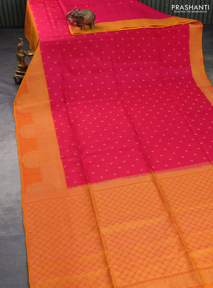 Kanchipuram soft silk saree dual shade of pink and mango yellow with allover zari woven floral buttas and zari woven border