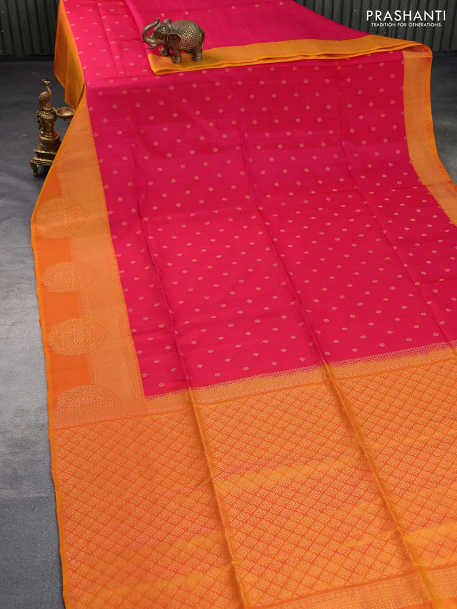 Kanchipuram soft silk saree dual shade of pink and mango yellow with allover zari woven floral buttas and zari woven border