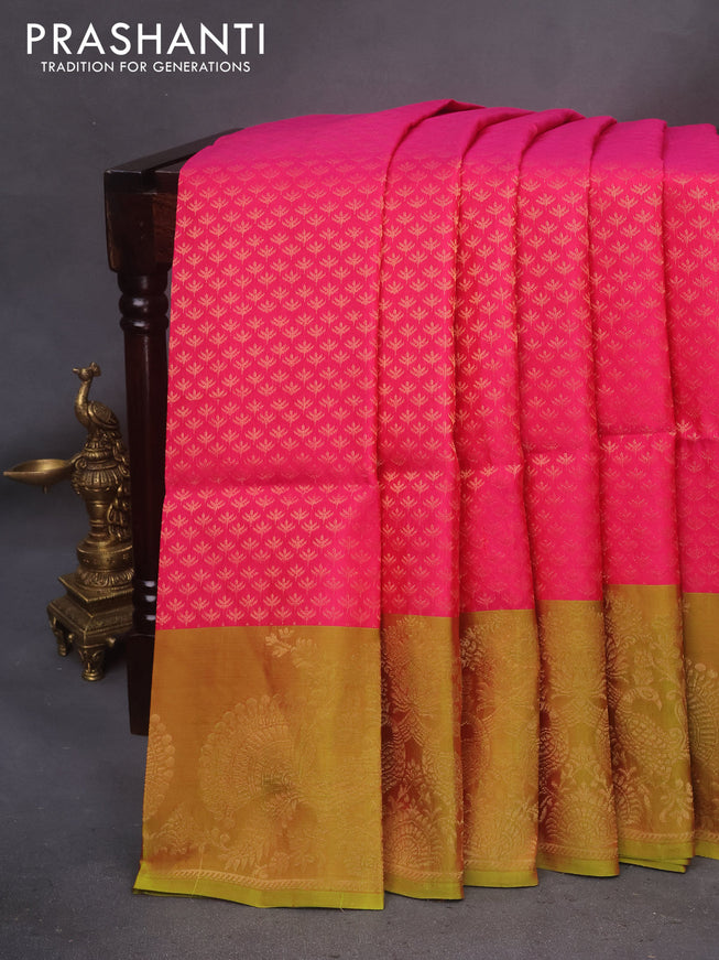 Kanchipuram soft silk saree pink and dual shade of light green with allover zari woven brocade weaves and rich zari woven border