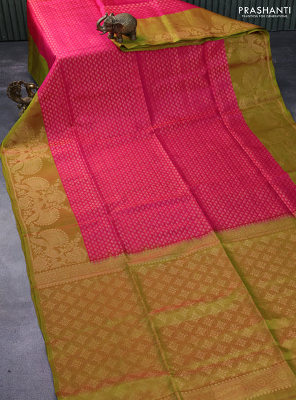 Kanchipuram soft silk saree pink and dual shade of light green with allover zari woven brocade weaves and rich zari woven border