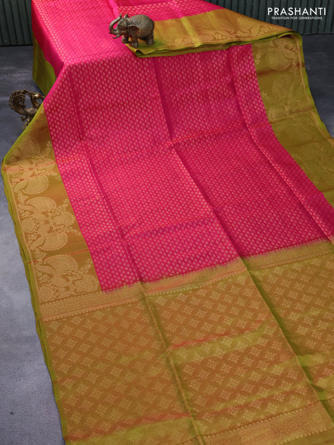 Kanchipuram soft silk saree pink and dual shade of light green with allover zari woven brocade weaves and rich zari woven border