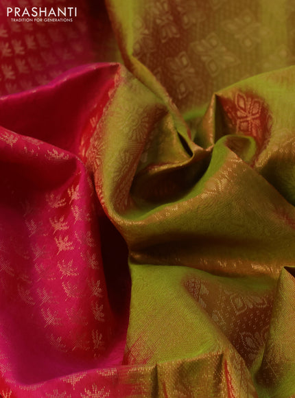 Kanchipuram soft silk saree pink and dual shade of light green with allover zari woven brocade weaves and rich zari woven border