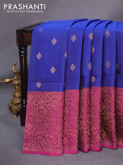 Kanchipuram soft silk saree blue shade and purple with allover zari woven buttas and long rich zari woven border