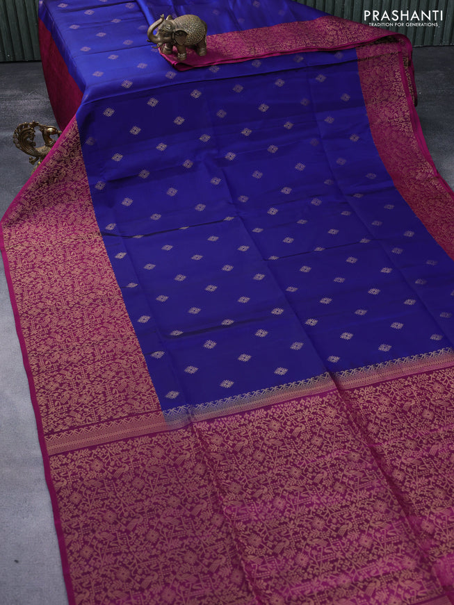 Kanchipuram soft silk saree blue shade and purple with allover zari woven buttas and long rich zari woven border