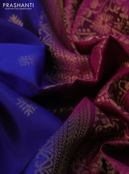 Kanchipuram soft silk saree blue shade and purple with allover zari woven buttas and long rich zari woven border