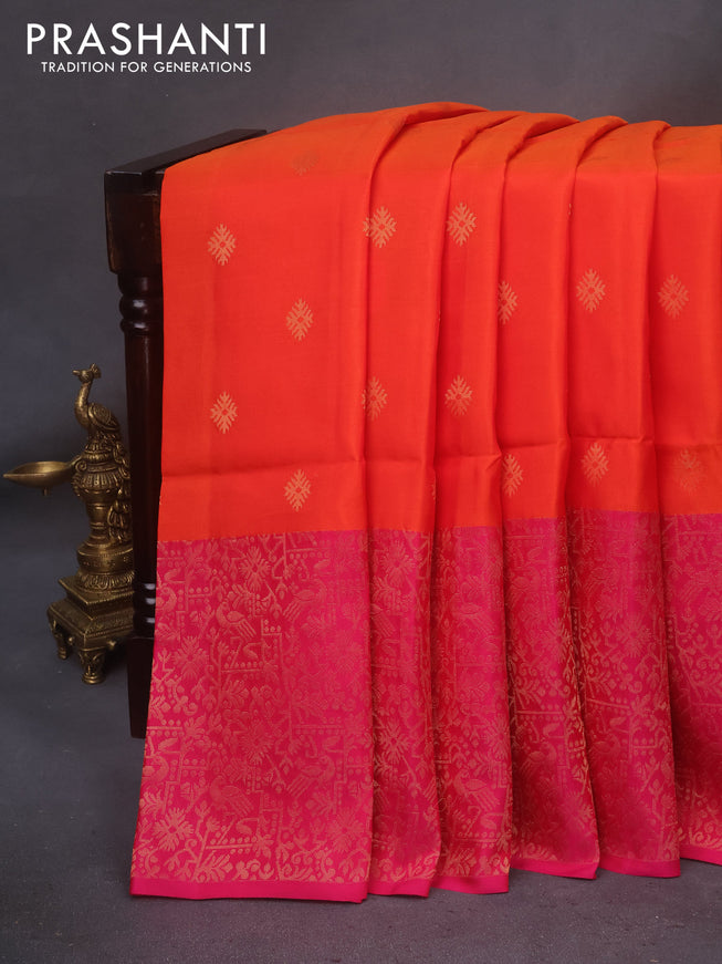 Kanchipuram soft silk saree orange and pink with allover zari woven buttas and long rich zari woven border