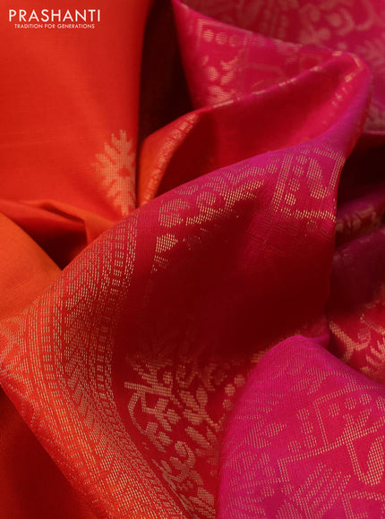 Kanchipuram soft silk saree orange and pink with allover zari woven buttas and long rich zari woven border