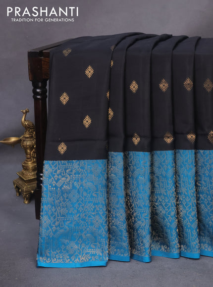 Kanchipuram soft silk saree black and cs blue with allover zari woven buttas and long rich zari woven border