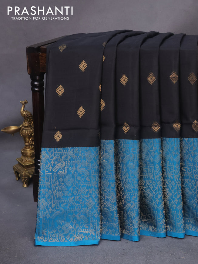 Kanchipuram soft silk saree black and cs blue with allover zari woven buttas and long rich zari woven border