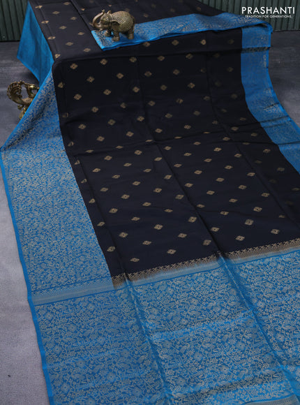 Kanchipuram soft silk saree black and cs blue with allover zari woven buttas and long rich zari woven border