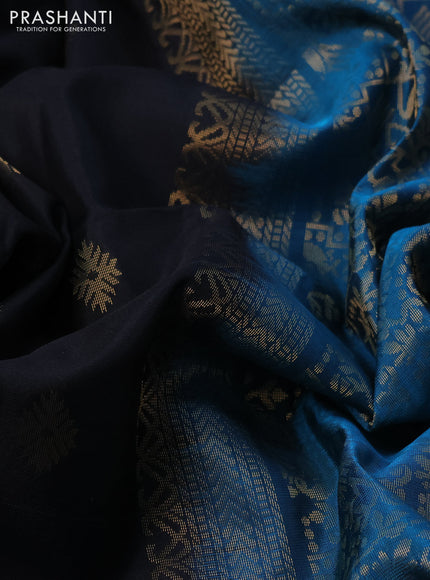 Kanchipuram soft silk saree black and cs blue with allover zari woven buttas and long rich zari woven border