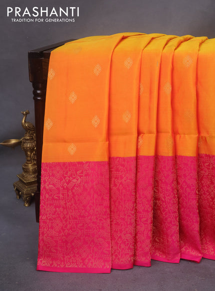 Kanchipuram soft silk saree mango yellow and pink with allover zari woven buttas and long rich zari woven border