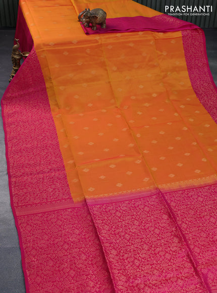 Kanchipuram soft silk saree mango yellow and pink with allover zari woven buttas and long rich zari woven border