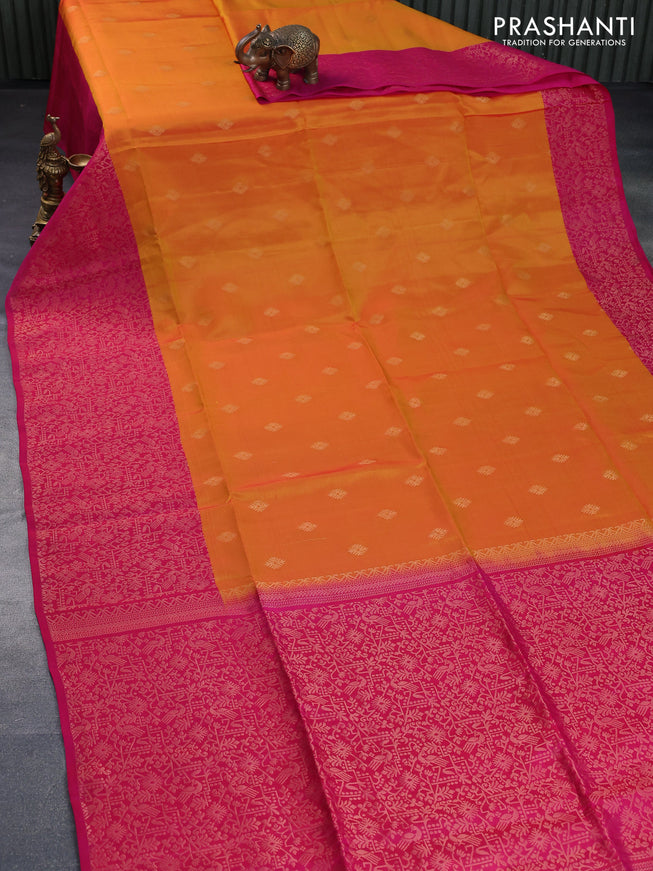 Kanchipuram soft silk saree mango yellow and pink with allover zari woven buttas and long rich zari woven border