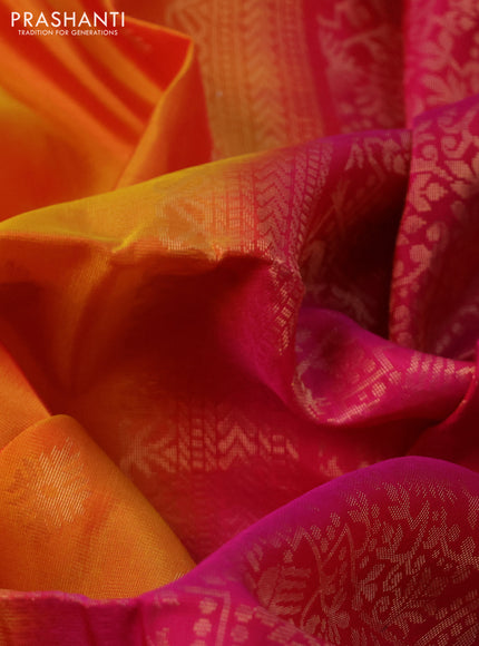 Kanchipuram soft silk saree mango yellow and pink with allover zari woven buttas and long rich zari woven border