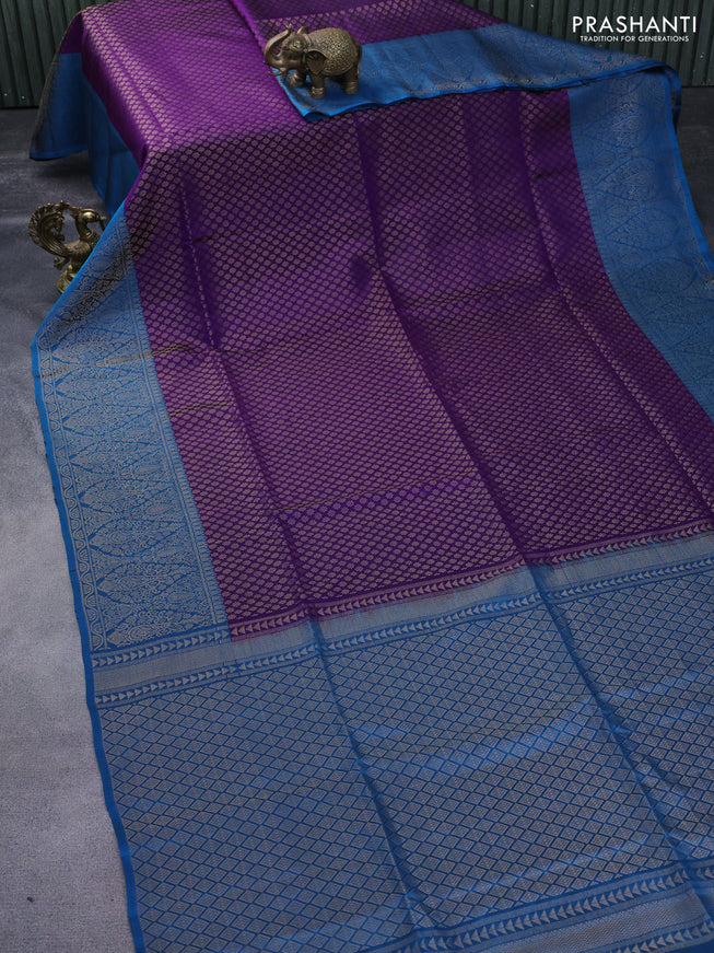 Kanchipuram soft silk saree violet and cs blue with allover zari woven brocade weaves and zari woven border