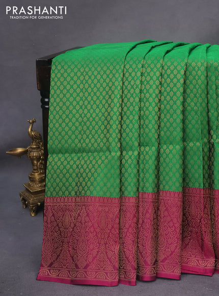 Kanchipuram soft silk saree green and dark magenta pink with allover zari woven brocade weaves and zari woven border