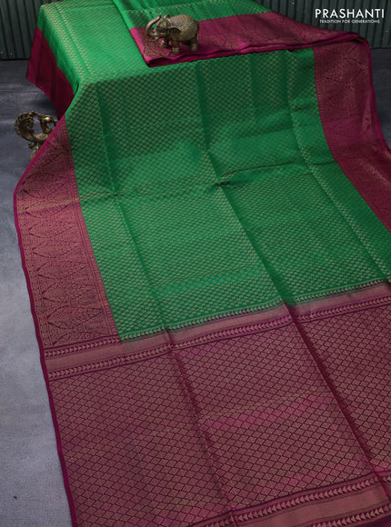 Kanchipuram soft silk saree green and dark magenta pink with allover zari woven brocade weaves and zari woven border