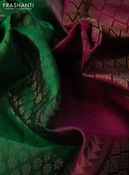 Kanchipuram soft silk saree green and dark magenta pink with allover zari woven brocade weaves and zari woven border