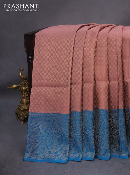 Kanchipuram soft silk saree rosy brown and cs blue with allover zari woven brocade weaves and zari woven border