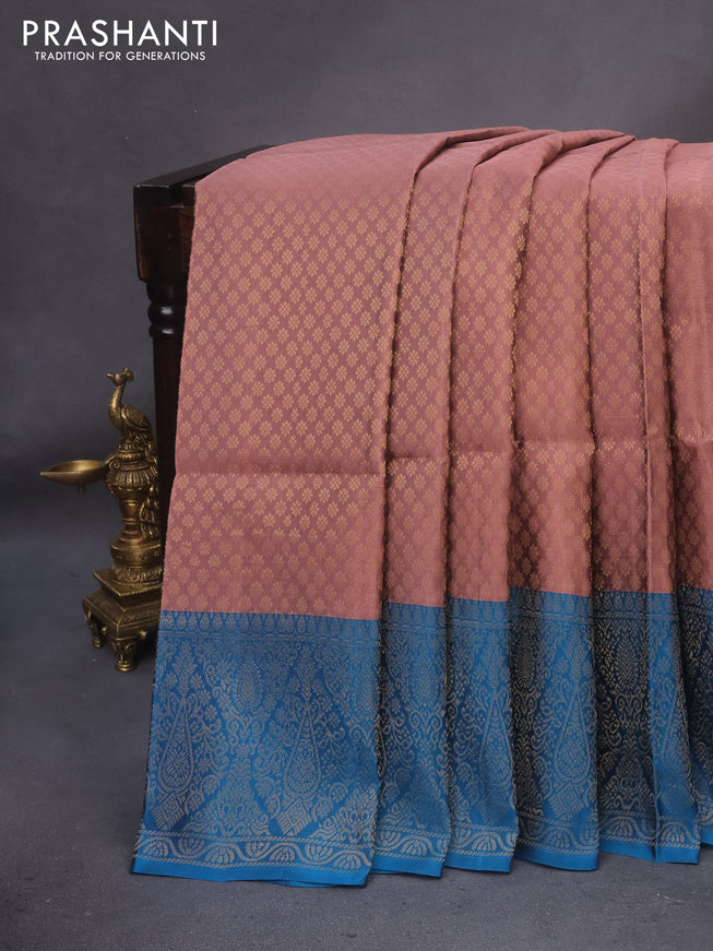 Kanchipuram soft silk saree rosy brown and cs blue with allover zari woven brocade weaves and zari woven border