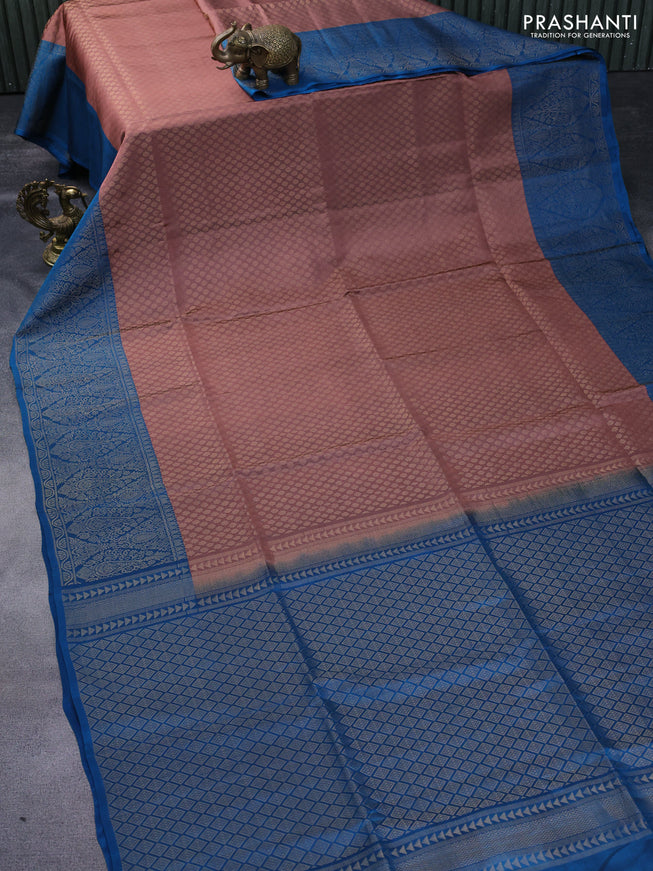 Kanchipuram soft silk saree rosy brown and cs blue with allover zari woven brocade weaves and zari woven border