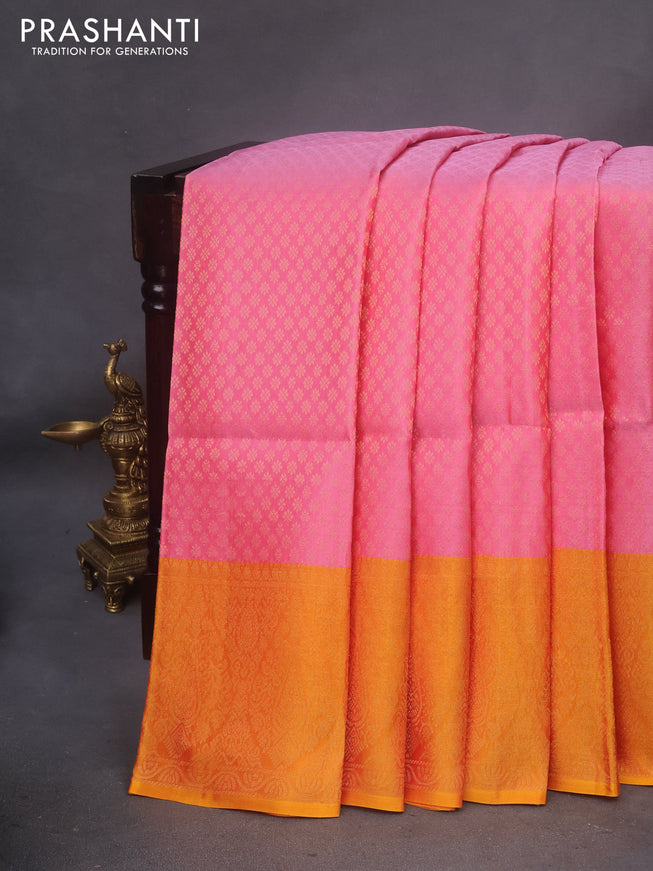 Kanchipuram soft silk saree dual shade of pink and mango yellow with allover zari woven brocade weaves and zari woven border