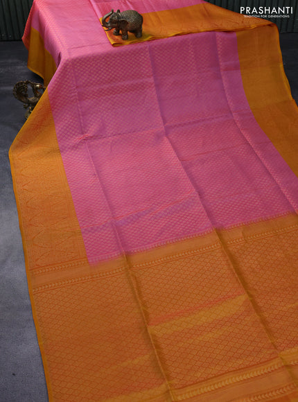 Kanchipuram soft silk saree dual shade of pink and mango yellow with allover zari woven brocade weaves and zari woven border