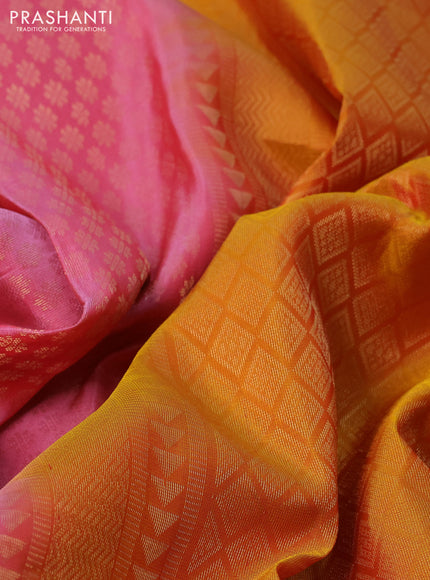 Kanchipuram soft silk saree dual shade of pink and mango yellow with allover zari woven brocade weaves and zari woven border