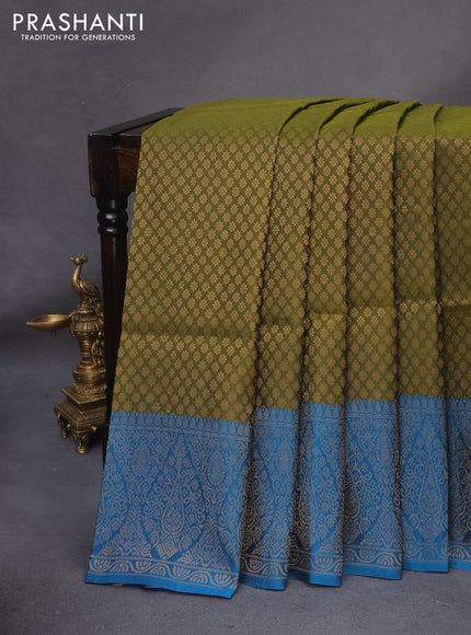 Kanchipuram soft silk saree sap green and cs blue with allover zari woven brocade weaves and zari woven border