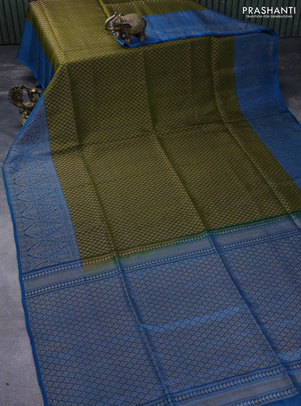 Kanchipuram soft silk saree sap green and cs blue with allover zari woven brocade weaves and zari woven border