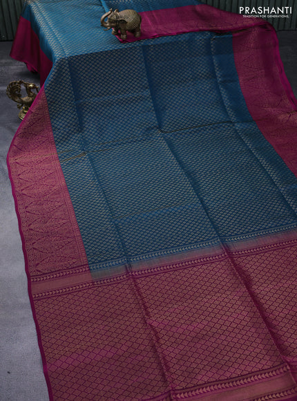 Kanchipuram soft silk saree peacock blue and dark magenta pink with allover zari woven brocade weaves and zari woven border