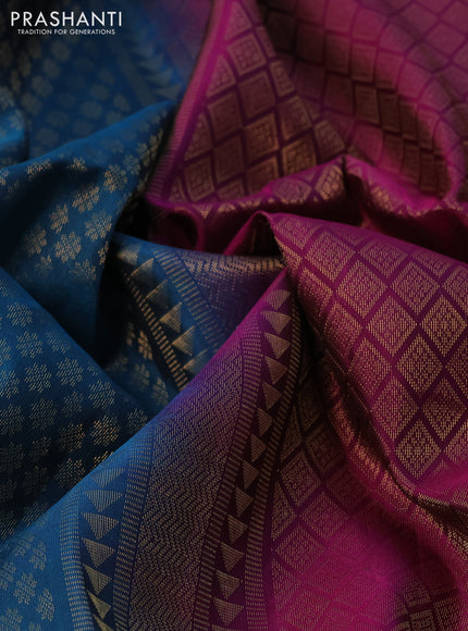 Kanchipuram soft silk saree peacock blue and dark magenta pink with allover zari woven brocade weaves and zari woven border