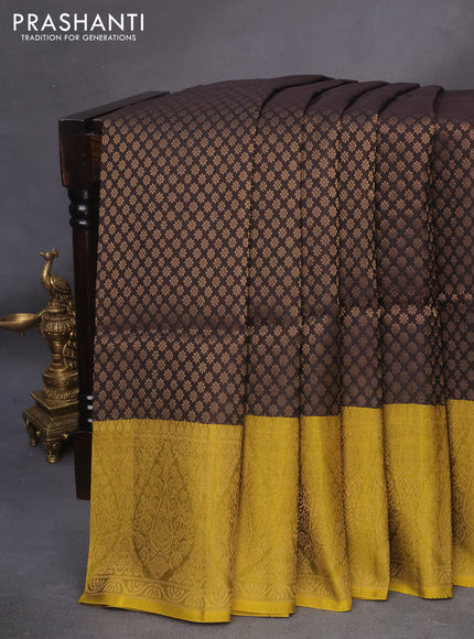 Kanchipuram soft silk saree deep coffee brown and mehendi green with allover zari woven brocade weaves and zari woven border