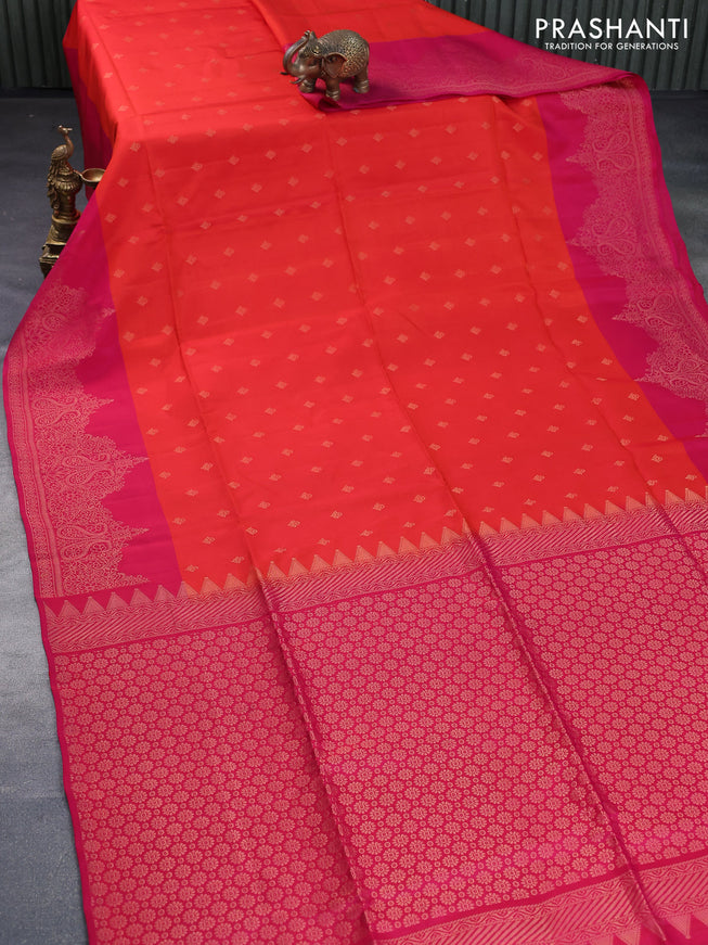 Kanchipuram soft silk saree orange and pink with allover zari woven buttas and rich zari woven border