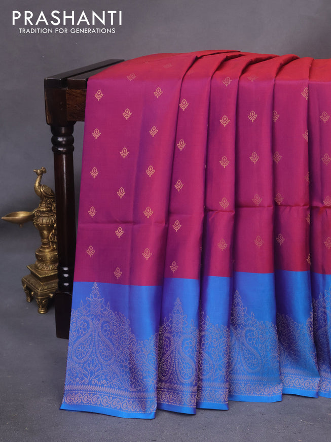 Kanchipuram soft silk saree dual shade of purple and dual shade of blue with allover zari woven buttas and rich zari woven border