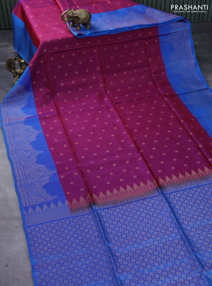 Kanchipuram soft silk saree dual shade of purple and dual shade of blue with allover zari woven buttas and rich zari woven border