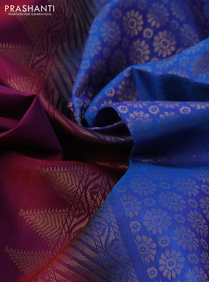 Kanchipuram soft silk saree dual shade of purple and dual shade of blue with allover zari woven buttas and rich zari woven border