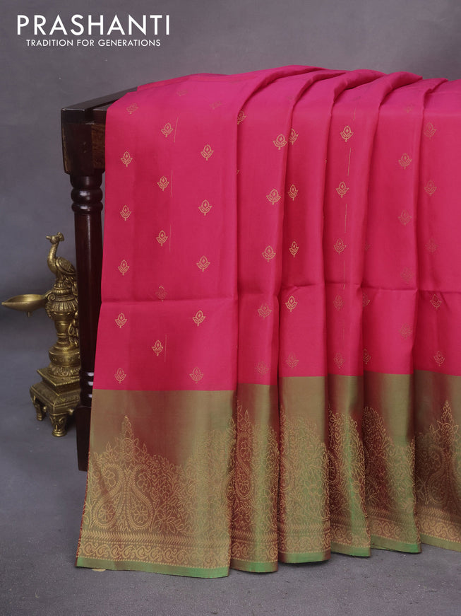 Kanchipuram soft silk saree pink and dual shade of green with allover zari woven buttas and rich zari woven border