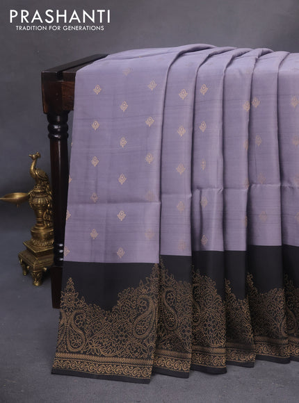 Kanchipuram soft silk saree grey and black with allover zari woven butta weaves and rich zari woven border