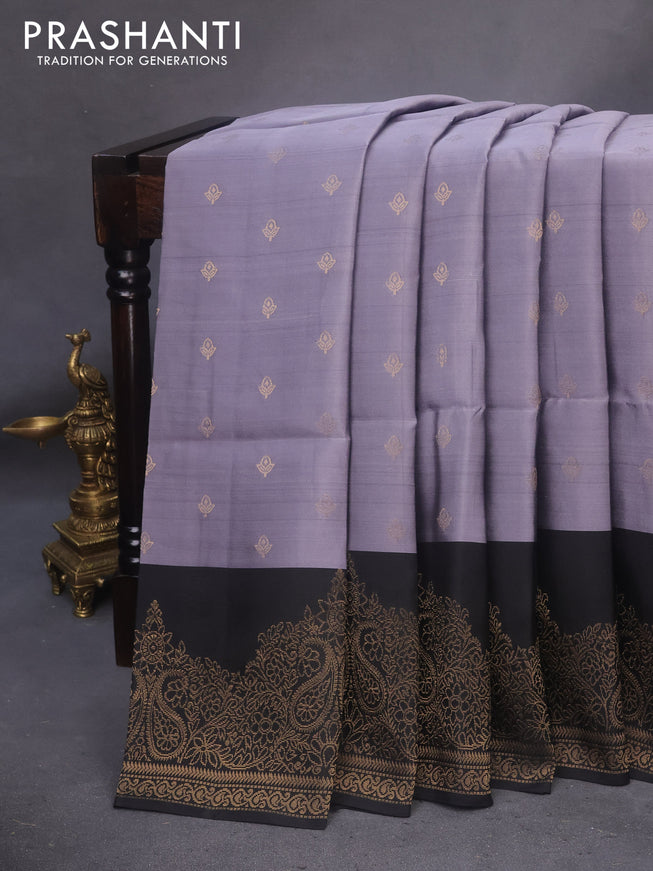 Kanchipuram soft silk saree grey and black with allover zari woven butta weaves and rich zari woven border