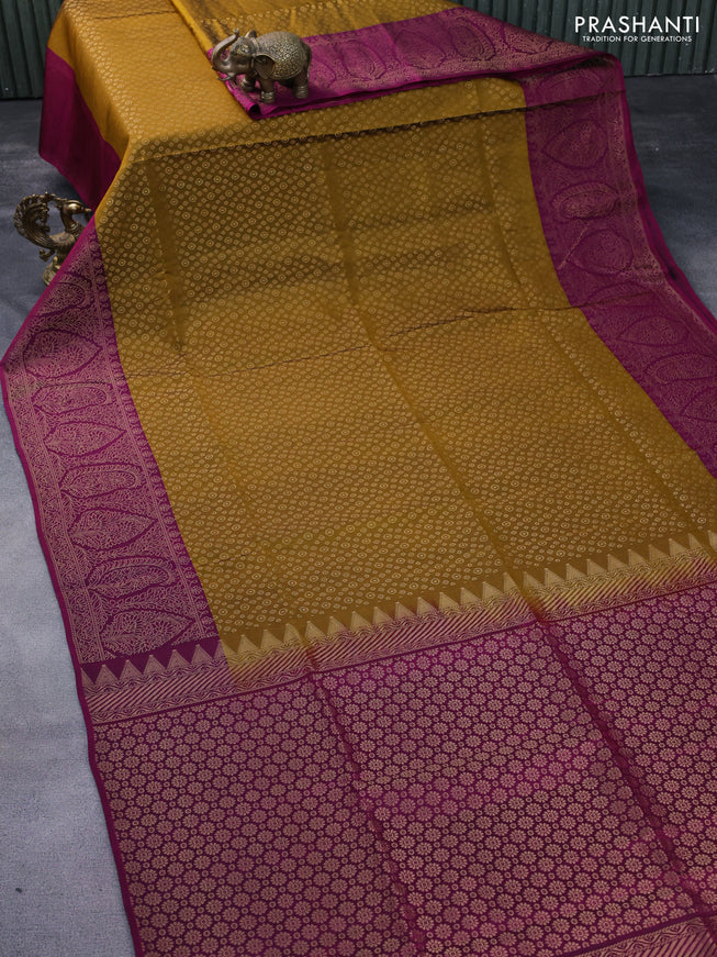 Kanchipuram soft silk saree dark mustard and dark magenta pink with allover zari woven butta weaves and rich zari woven border