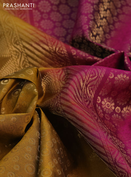 Kanchipuram soft silk saree dark mustard and dark magenta pink with allover zari woven butta weaves and rich zari woven border